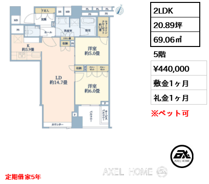 2LDK 69.06㎡  賃料¥440,000 敷金1ヶ月 礼金1ヶ月 定期借家5年