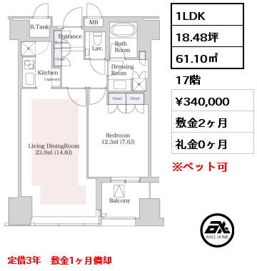 1LDK 61.10㎡ 17階 賃料¥388,000 敷金2ヶ月 礼金0ヶ月 定借3年　敷金1ヶ月償却