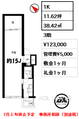 1K 38.42㎡  賃料¥123,000 管理費¥5,000 敷金1ヶ月 礼金1ヶ月 7月上旬退去予定　事務所相談（別途税）