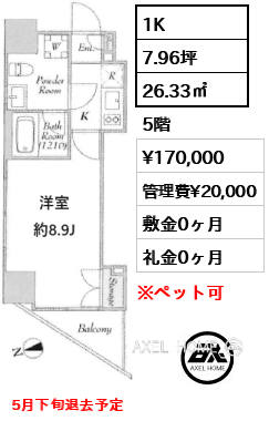 1K 26.33㎡  賃料¥170,000 管理費¥20,000 敷金0ヶ月 礼金0ヶ月 5月下旬退去予定