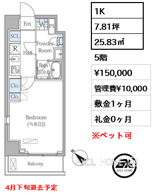 1K 25.83㎡  賃料¥150,000 管理費¥10,000 敷金1ヶ月 礼金0ヶ月 4月下旬退去予定