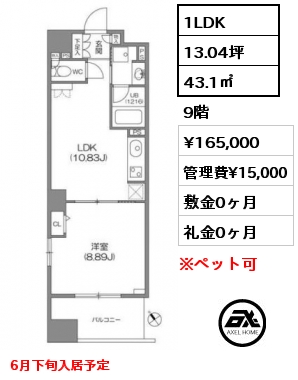 1LDK 43.1㎡ 9階 賃料¥165,000 管理費¥15,000 敷金0ヶ月 礼金0ヶ月 6月下旬入居予定
