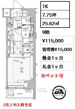 1K 25.62㎡  賃料¥115,000 管理費¥15,000 敷金1ヶ月 礼金1ヶ月 2月上旬入居予定