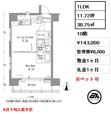 1LDK 38.75㎡ 10階 賃料¥143,000 管理費¥8,000 敷金1ヶ月 礼金1ヶ月 6月下旬入居予定