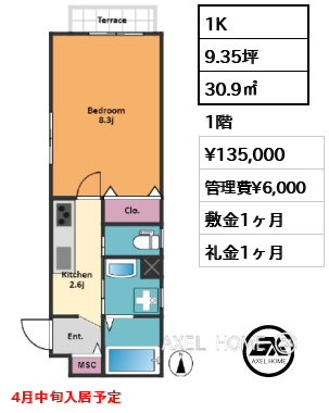1K 30.9㎡  賃料¥135,000 管理費¥6,000 敷金1ヶ月 礼金1ヶ月 4月中旬入居予定
