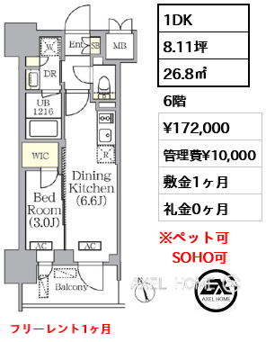 1DK 26.8㎡  賃料¥172,000 管理費¥10,000 敷金1ヶ月 礼金0ヶ月 フリーレント1ヶ月　