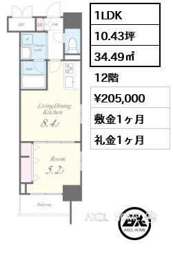 1LDK 34.49㎡  賃料¥205,000 敷金1ヶ月 礼金1ヶ月