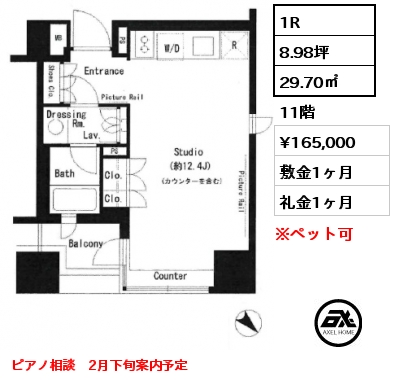 1R 29.70㎡ 11階 賃料¥165,000 敷金1ヶ月 礼金1ヶ月 ピアノ相談　2月下旬案内予定