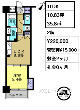 1LDK 35.8㎡  賃料¥220,000 管理費¥15,000 敷金2ヶ月 礼金0ヶ月