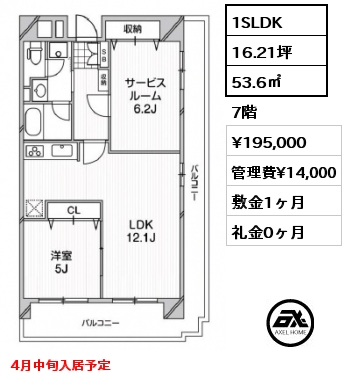 1SLDK 53.6㎡ 7階 賃料¥195,000 管理費¥14,000 敷金1ヶ月 礼金0ヶ月 4月中旬入居予定