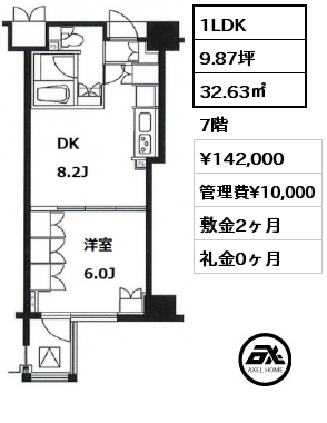 1LDK 32.63㎡ 7階 賃料¥155,000 管理費¥10,000 敷金2ヶ月 礼金0ヶ月