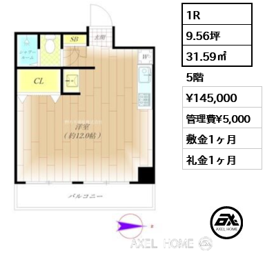 1R 31.59㎡  賃料¥145,000 管理費¥5,000 敷金1ヶ月 礼金1ヶ月