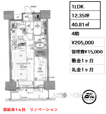 1LDK 40.81㎡  賃料¥205,000 管理費¥15,000 敷金1ヶ月 礼金1ヶ月 保証金1ヵ月　リノベーション