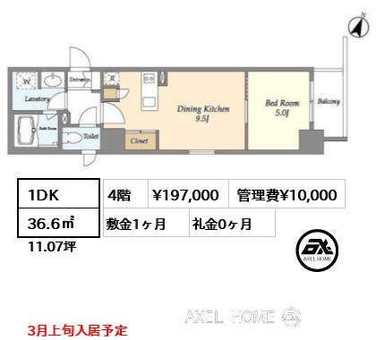 1DK 36.6㎡  賃料¥197,000 管理費¥10,000 敷金1ヶ月 礼金0ヶ月 3月上旬入居予定