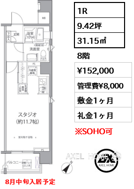 1R 31.15㎡  賃料¥152,000 管理費¥8,000 敷金1ヶ月 礼金1ヶ月 8月中旬入居予定