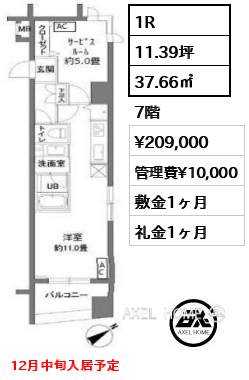 1R 37.66㎡  賃料¥209,000 管理費¥10,000 敷金1ヶ月 礼金1ヶ月 12月中旬入居予定