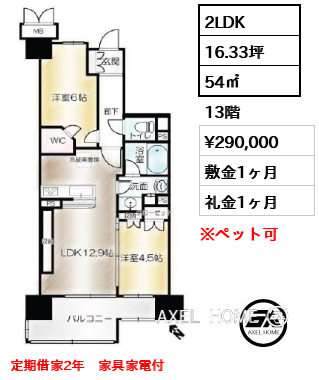2LDK 54㎡  賃料¥290,000 敷金1ヶ月 礼金1ヶ月 定期借家2年　家具家電付