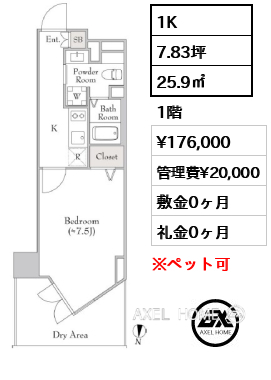 1K 25.9㎡  賃料¥176,000 管理費¥20,000 敷金0ヶ月 礼金0ヶ月