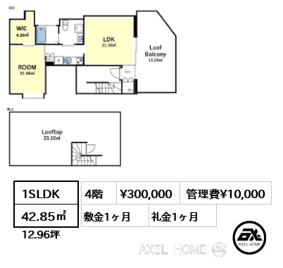 1SLDK 42.85㎡  賃料¥300,000 管理費¥10,000 敷金1ヶ月 礼金1ヶ月