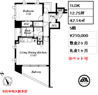 1LDK 42.14㎡ 5階 賃料¥210,000 敷金2ヶ月 礼金1ヶ月 8月中旬入居予定