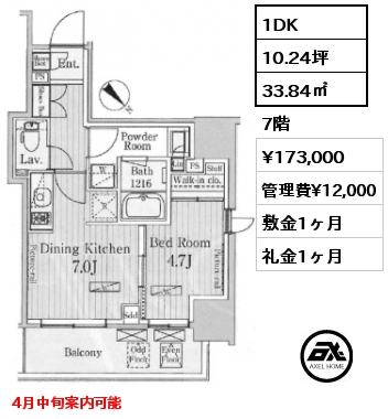 1DK 33.84㎡ 7階 賃料¥173,000 管理費¥12,000 敷金1ヶ月 礼金1ヶ月 4月中旬案内可能