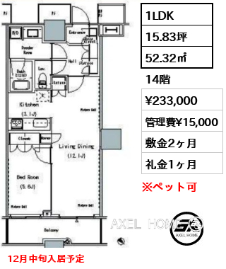 1LDK 52.98㎡  賃料¥240,000 管理費¥15,000 敷金2ヶ月 礼金1ヶ月 12月中旬入居予定
