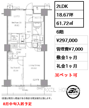 2LDK 61.72㎡  賃料¥297,000 管理費¥7,000 敷金1ヶ月 礼金1ヶ月 8月中旬入居予定