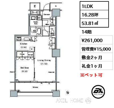 1LDK 53.81㎡  賃料¥261,000 管理費¥15,000 敷金2ヶ月 礼金1ヶ月