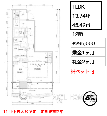 1LDK 45.42㎡  賃料¥295,000 敷金1ヶ月 礼金2ヶ月 11月中旬入居予定　定期借家2年
