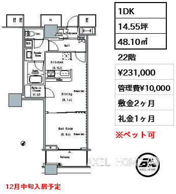 1DK 48.10㎡  賃料¥231,000 管理費¥10,000 敷金2ヶ月 礼金1ヶ月 12月中旬入居予定