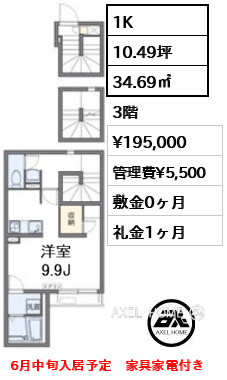1K 34.69㎡ 賃料¥195,000 管理費¥5,500 敷金0ヶ月 礼金1ヶ月 6月中旬入居予定 家具家電付き