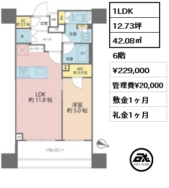 1LDK 42.08㎡ 6階 賃料¥229,000 管理費¥20,000 敷金1ヶ月 礼金1ヶ月