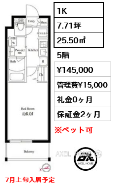 1K 25.50㎡  賃料¥145,000 管理費¥15,000 礼金0ヶ月 7月上旬入居予定