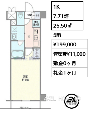 1K 25.50㎡  賃料¥199,000 管理費¥11,000 敷金0ヶ月 礼金1ヶ月