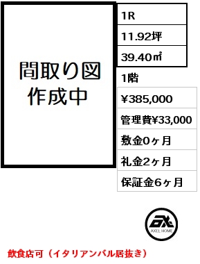 1R 39.40㎡ 1階 賃料¥385,000 管理費¥33,000 敷金0ヶ月 礼金2ヶ月 飲食店可（イタリアンバル居抜き）