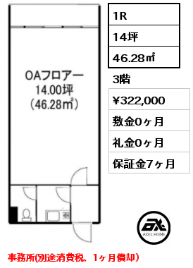 1R 46.28㎡ 3階 賃料¥322,000 敷金0ヶ月 礼金0ヶ月 事務所(別途消費税、1ヶ月償却）