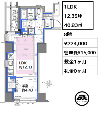 1LDK 40.83㎡ 8階 賃料¥224,000 管理費¥15,000 敷金1ヶ月 礼金0ヶ月 9月上旬案内可能