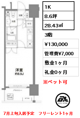 1K 28.43㎡ 3階 賃料¥130,000 管理費¥7,000 敷金1ヶ月 礼金0ヶ月 7月上旬入居予定　フリーレント1ヶ月