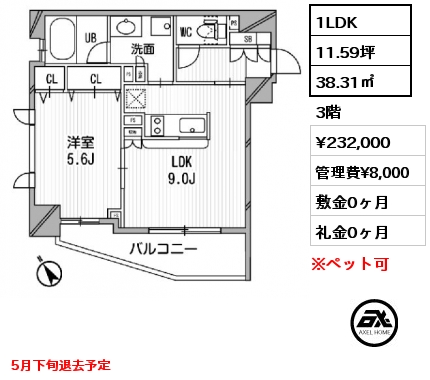 1LDK 38.31㎡ 3階 賃料¥232,000 管理費¥8,000 敷金0ヶ月 礼金0ヶ月 5月下旬退去予定
