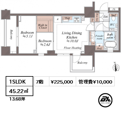 1SLDK 45.22㎡ 7階 賃料¥225,000 管理費¥10,000