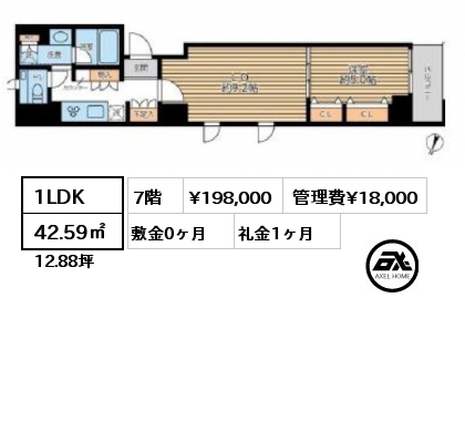 1LDK 42.59㎡ 7階 賃料¥198,000 管理費¥18,000 敷金0ヶ月 礼金1ヶ月
