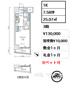 1K 25.07㎡  賃料¥130,000 管理費¥10,000 敷金1ヶ月 礼金1ヶ月