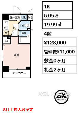 1K 19.99㎡  賃料¥128,000 管理費¥11,000 敷金0ヶ月 礼金2ヶ月 8月上旬入居予定