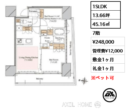 1SLDK 45.16㎡  賃料¥248,000 管理費¥12,000 敷金1ヶ月 礼金1ヶ月