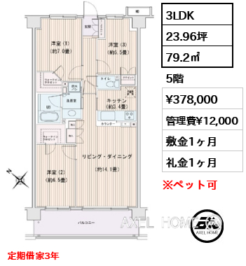 3LDK 79.2㎡  賃料¥378,000 管理費¥12,000 敷金1ヶ月 礼金1ヶ月 定期借家3年