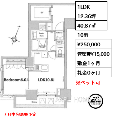 1LDK 40.87㎡  賃料¥250,000 管理費¥15,000 敷金1ヶ月 礼金0ヶ月 ７月中旬退去予定
