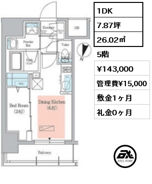 1DK 26.02㎡ 5階 賃料¥143,000 管理費¥15,000 敷金1ヶ月 礼金0ヶ月