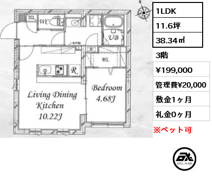 1LDK 38.34㎡ 3階 賃料¥199,000 管理費¥20,000 敷金1ヶ月 礼金0ヶ月