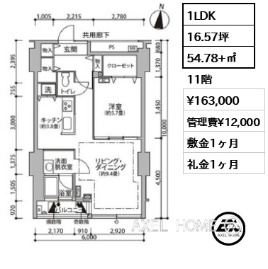 1LDK 54.78+㎡  賃料¥163,000 管理費¥12,000 敷金1ヶ月 礼金1ヶ月