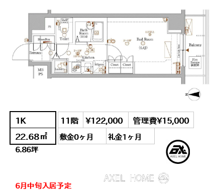 1K 22.68㎡  賃料¥122,000 管理費¥15,000 敷金0ヶ月 礼金1ヶ月 6月中旬入居予定